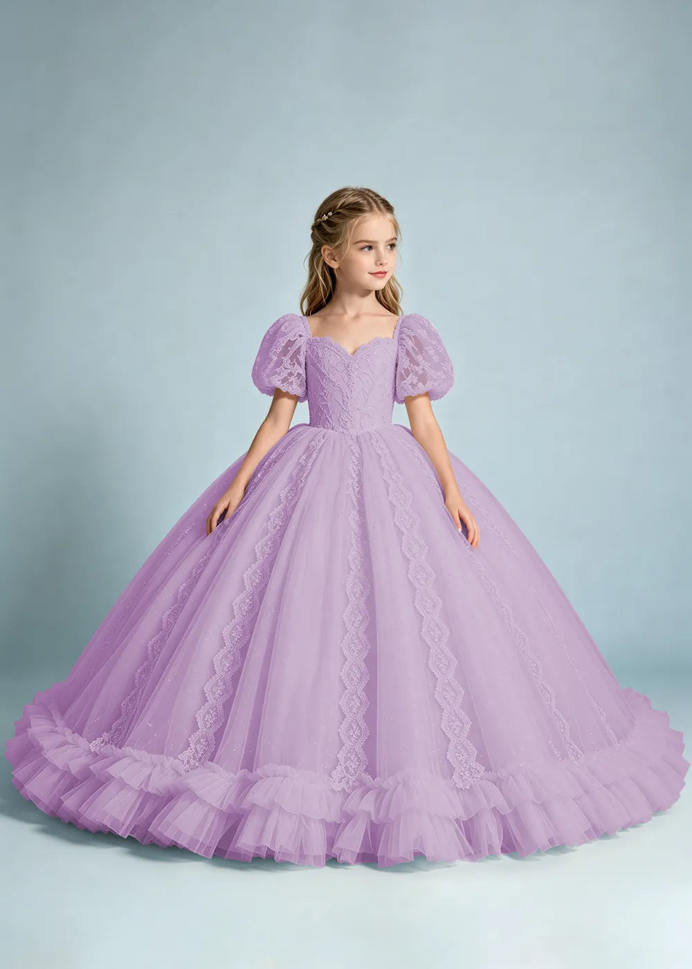 Warm Ivory Flower Girl Gown with Puff Sleeves and Ruffled Hem