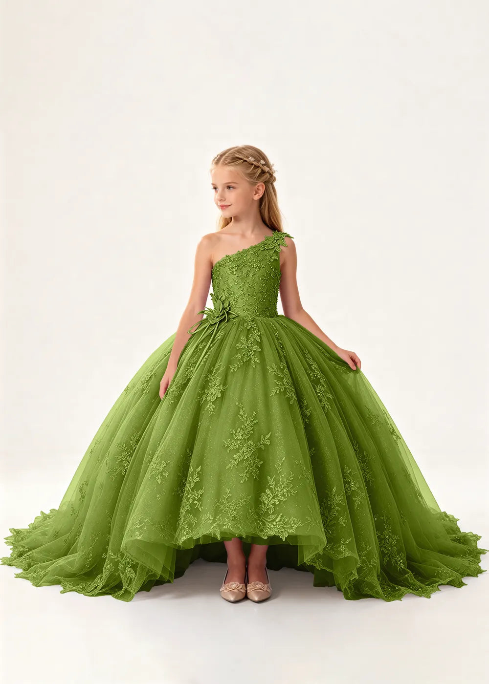 One-Shoulder High-Low Lace Flower Girl Ball Gown Dress