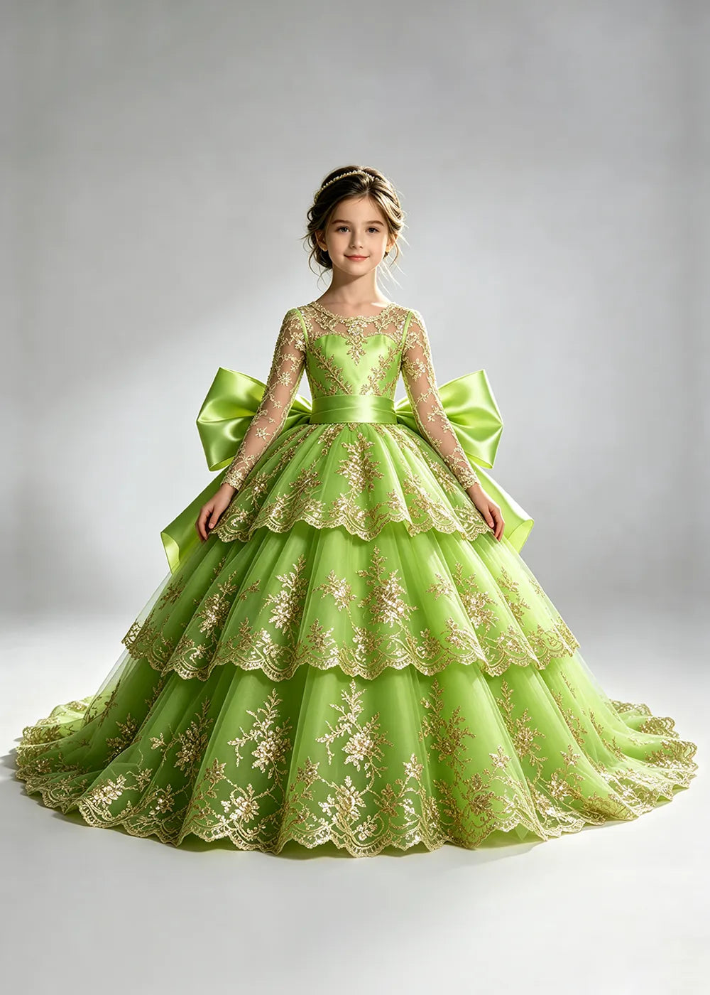 Long Sleeve Lace Flower Girl Dress with Sash Bow and Tiered Skirt