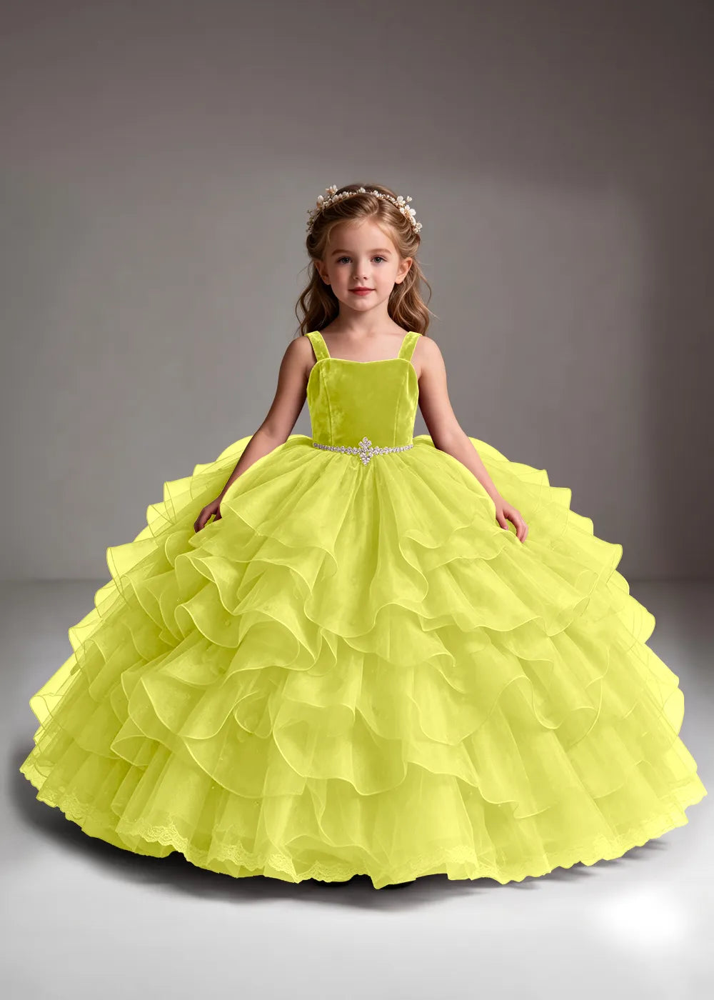 White Flower Girl Dress with Cascading Ruffles and a Square Neckline
