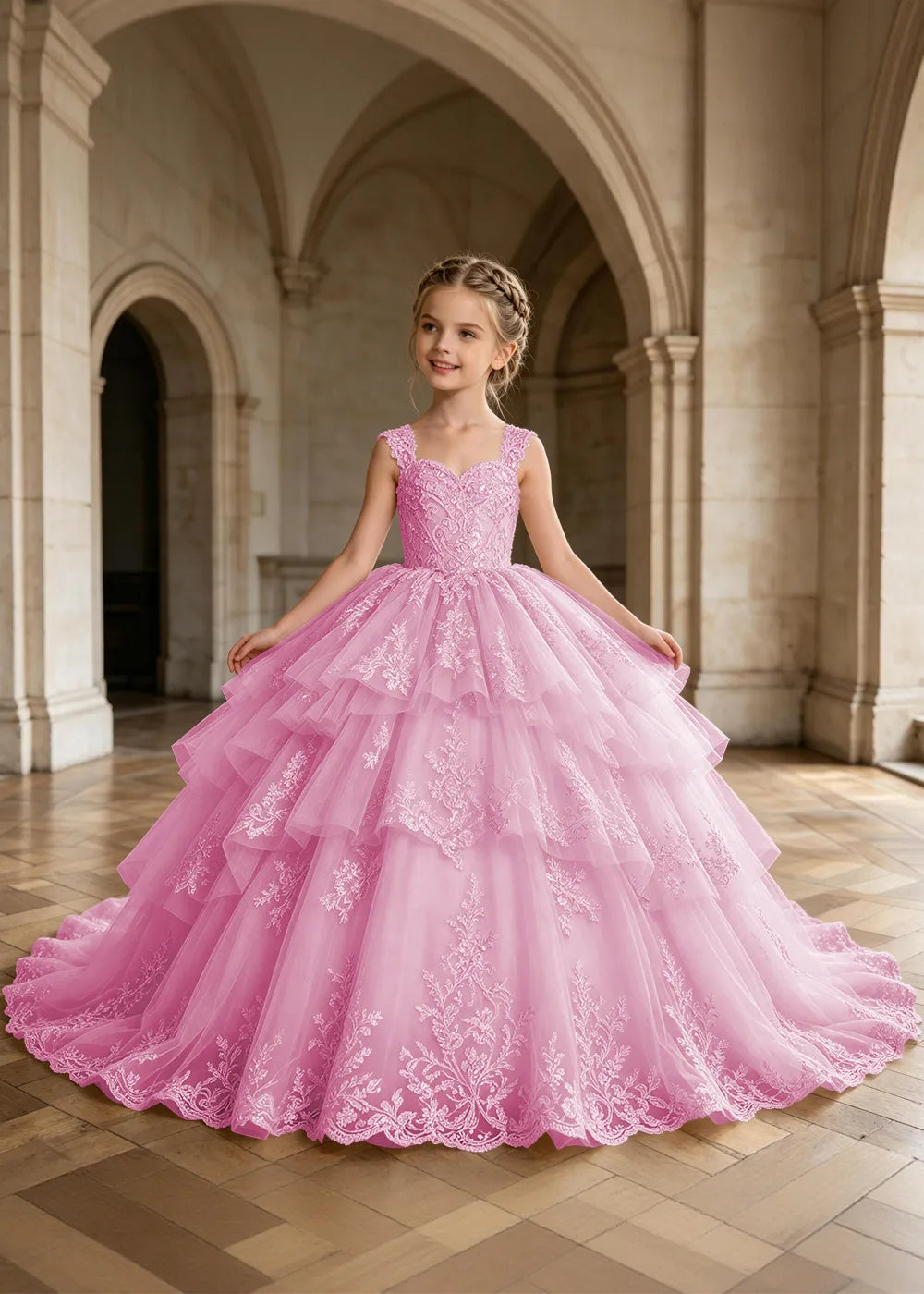 Tiered Lace Sleeveless Flower Girl Ball Gown Dress