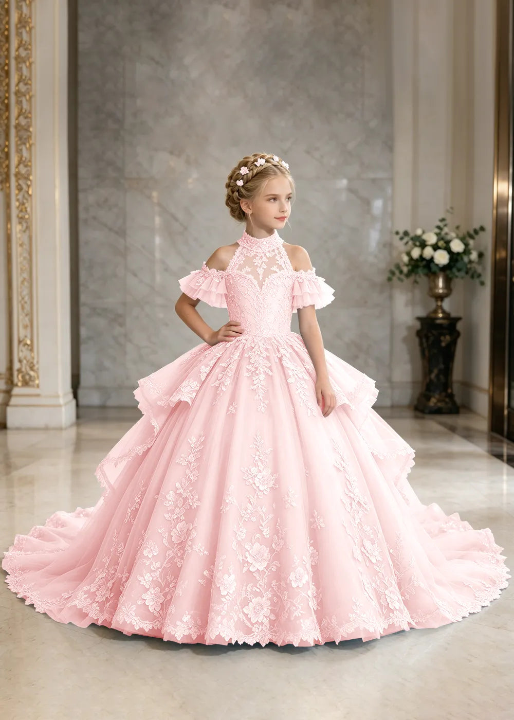 Illusion Neck Peplum Lace Flower Girl Ball Gown Dress