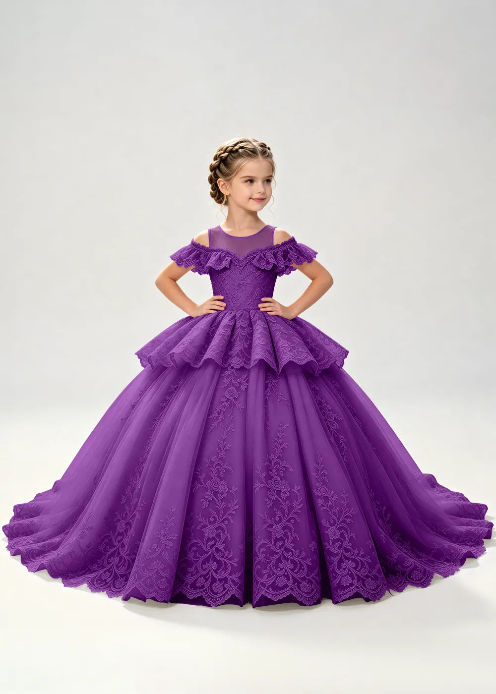 Illusion Neck Tiered Lace Flower Girl Ball Gown Dress