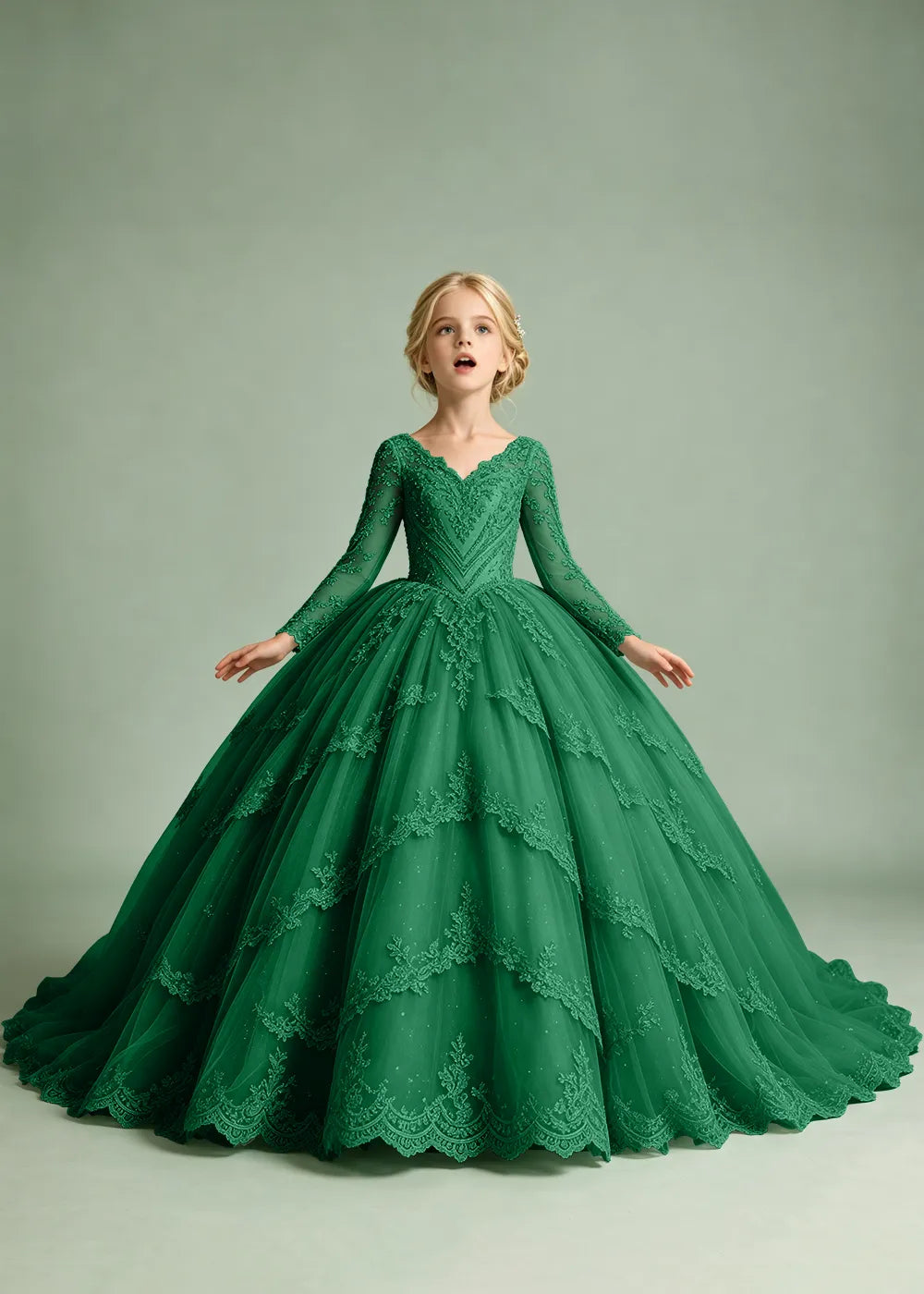 Long Sleeve Floral Lace Flower Girl Ball Gown Dress