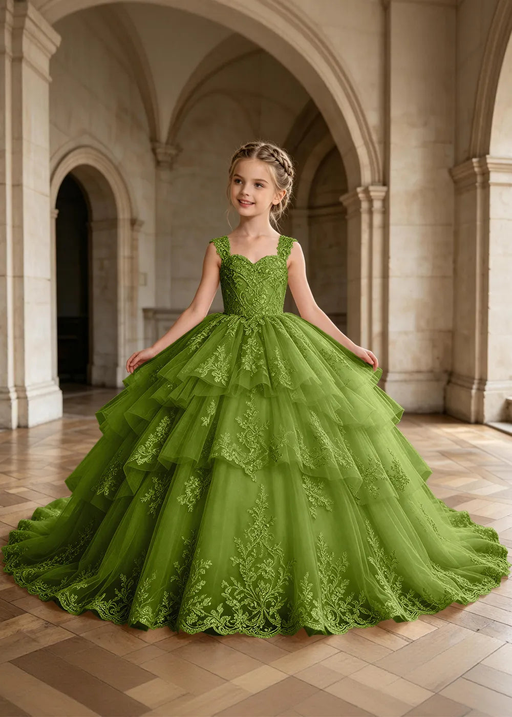 Tiered Lace Sleeveless Flower Girl Ball Gown Dress
