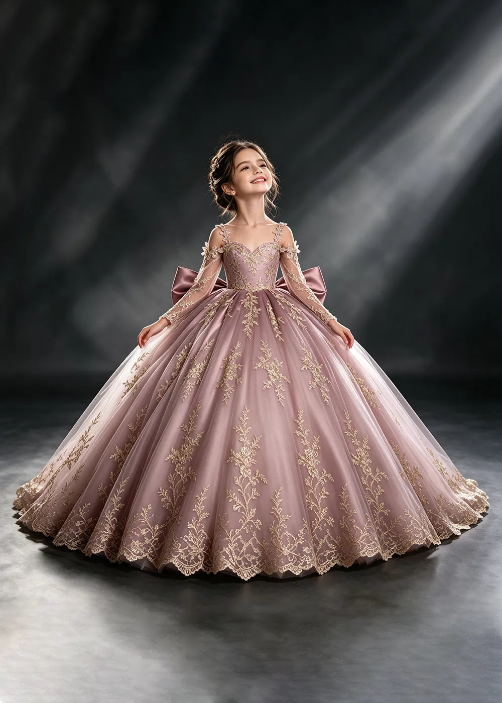 Ivory Gold Lace Flower Girl Dress with Floral Straps and Satin Bow