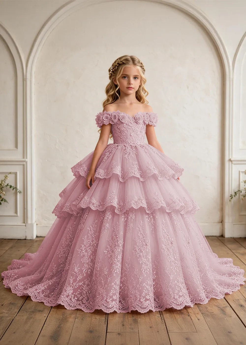 Off Shoulder Tiered Lace Flower Girl Ball Gown Dress