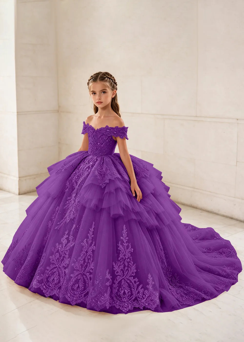 Ruffled Off Shoulder Lace Flower Girl Ball Gown Dress