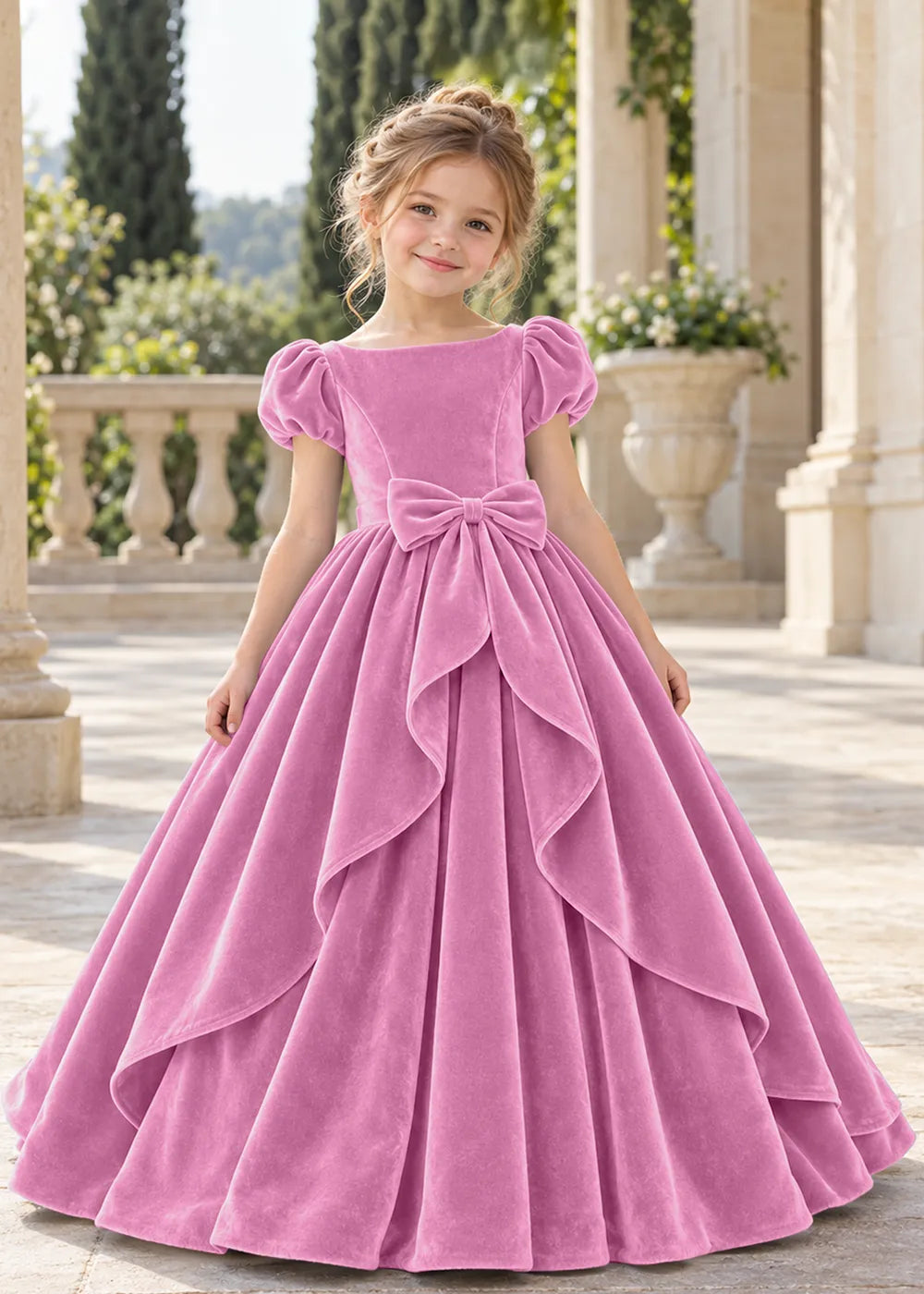 Front view of a child wearing a mauve flower girl dress with a square neckline, short puff sleeves and a large velvet bow above a full tiered skirt.