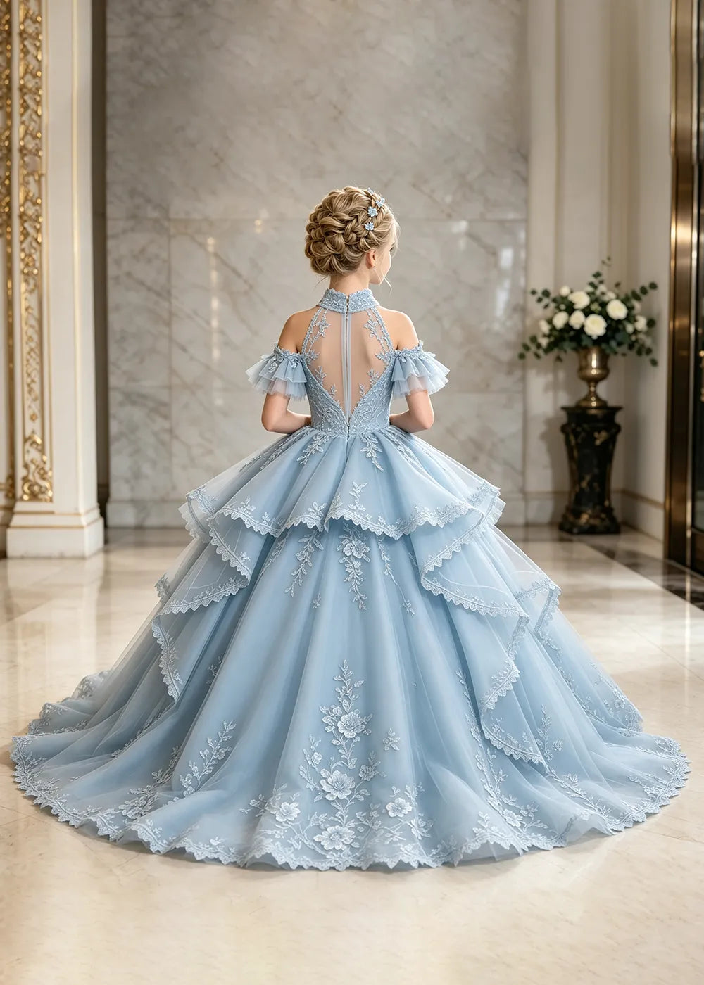 Illusion Neck Peplum Lace Flower Girl Ball Gown Dress