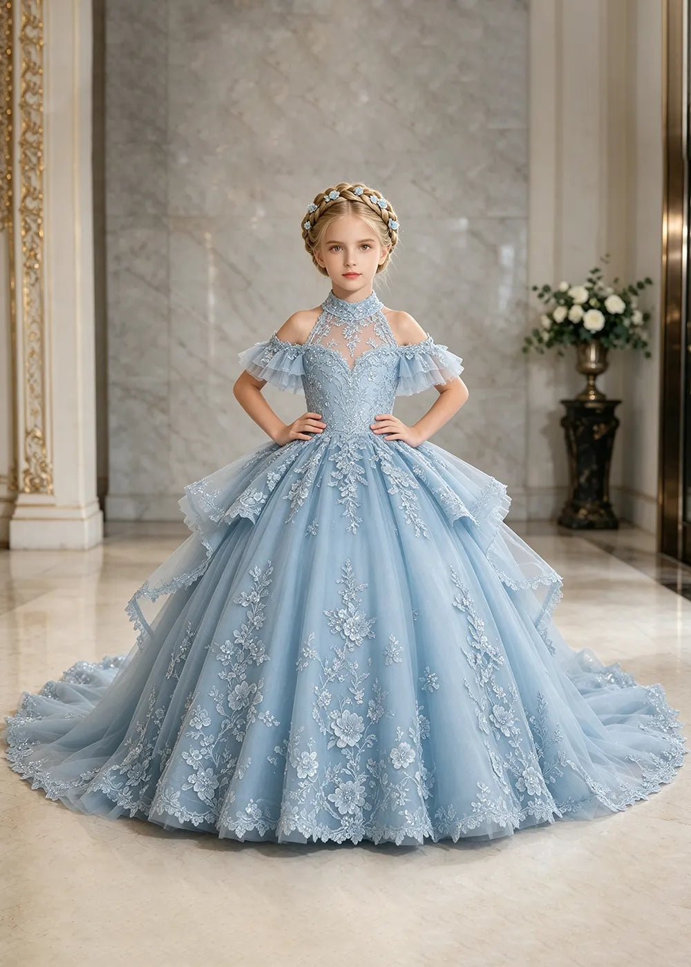 Illusion Neck Peplum Lace Flower Girl Ball Gown Dress