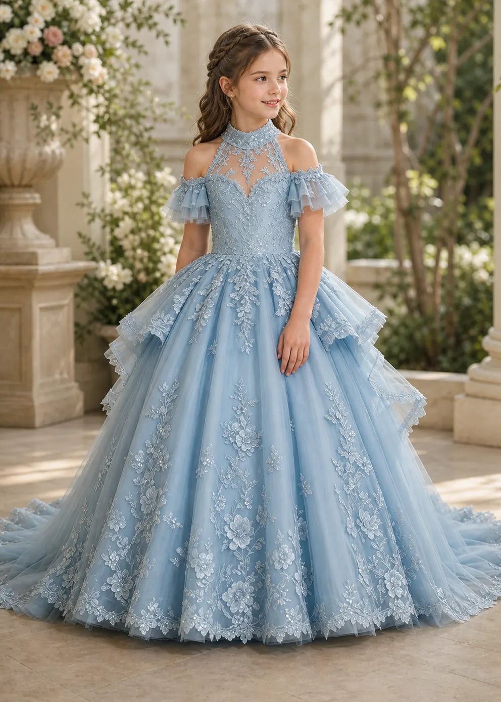 Illusion Neck Peplum Lace Flower Girl Ball Gown Dress