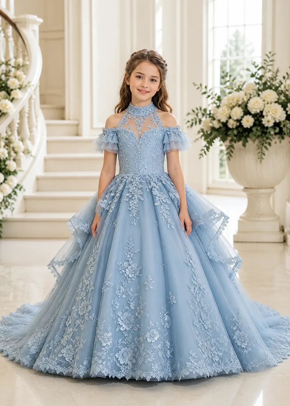 Illusion Neck Peplum Lace Flower Girl Ball Gown Dress