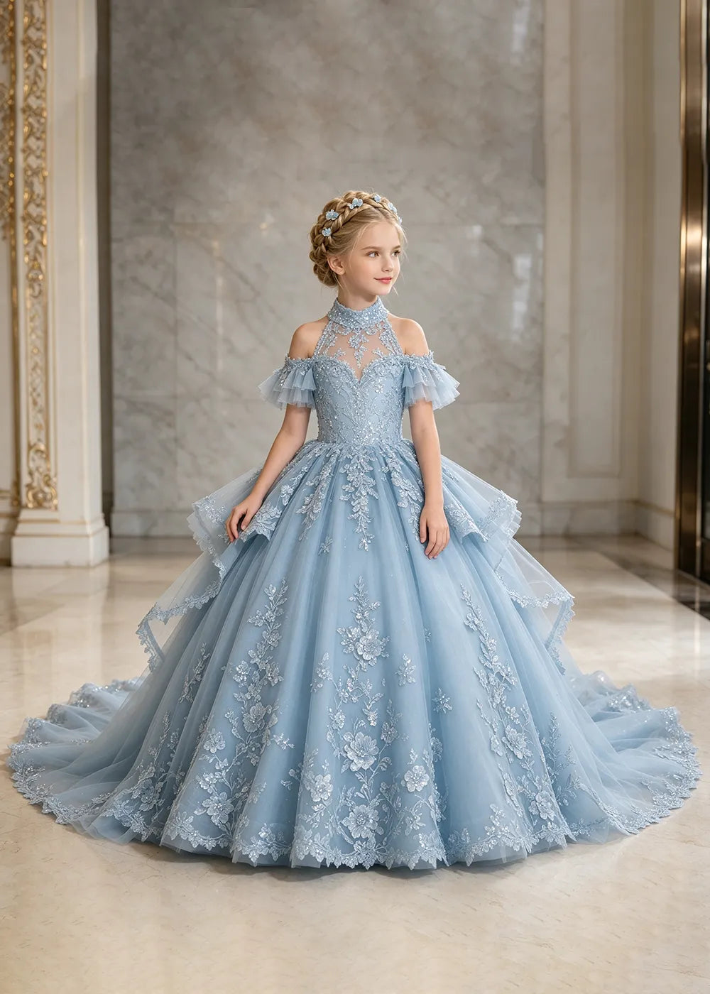 Illusion Neck Peplum Lace Flower Girl Ball Gown Dress