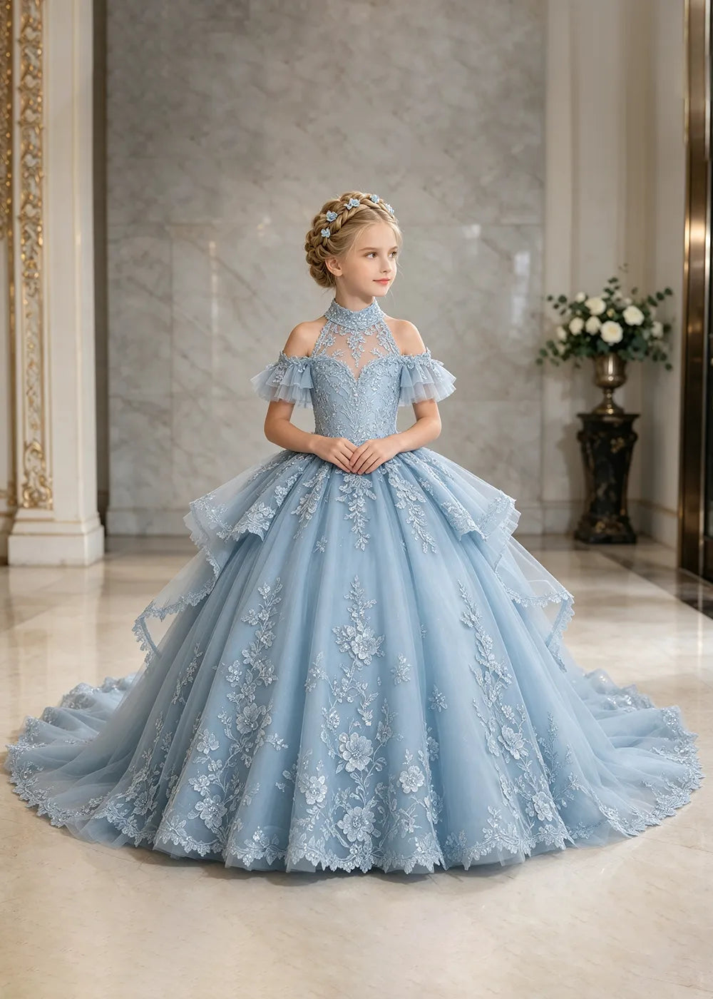 Illusion Neck Peplum Lace Flower Girl Ball Gown Dress