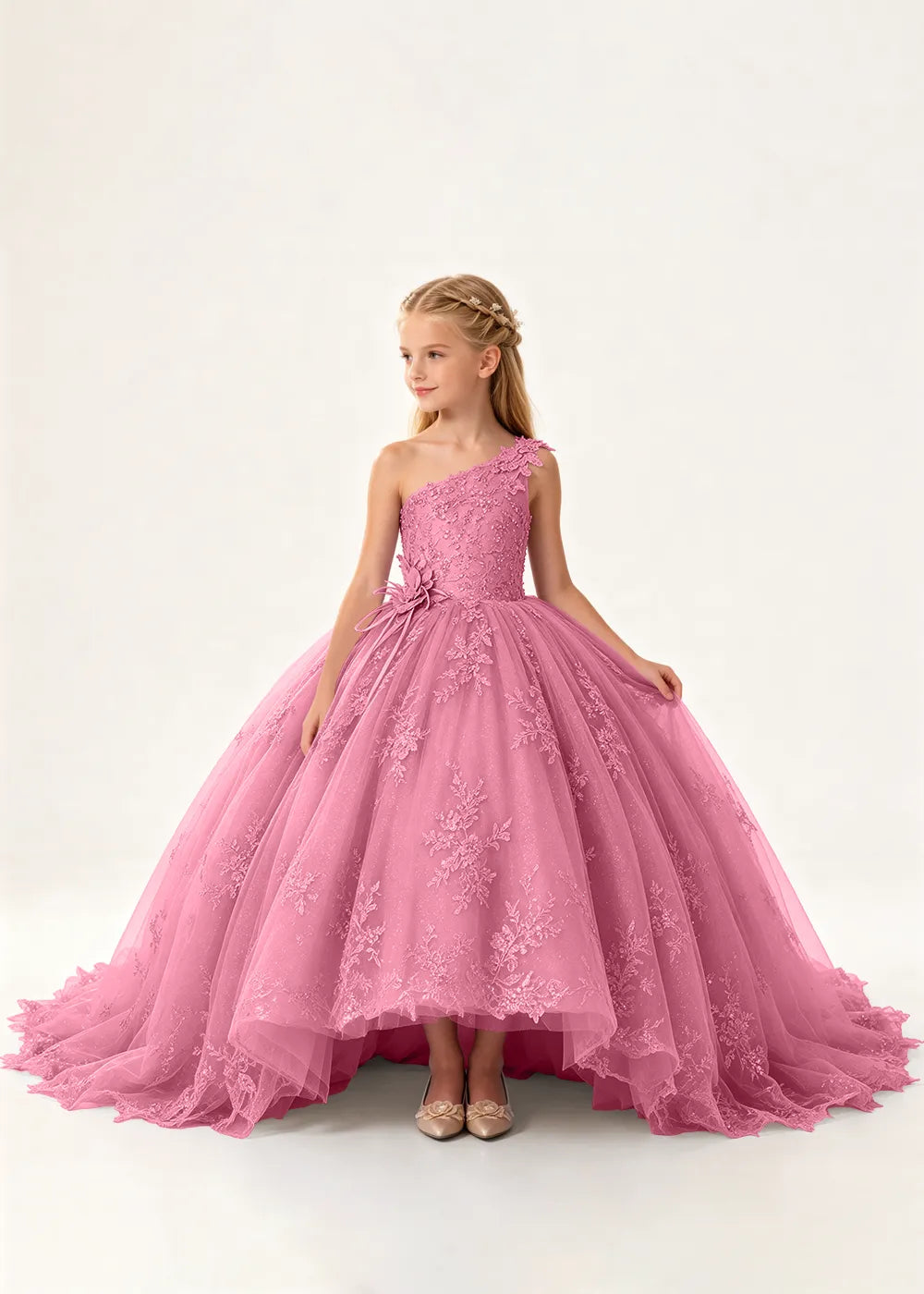 One-Shoulder High-Low Lace Flower Girl Ball Gown Dress