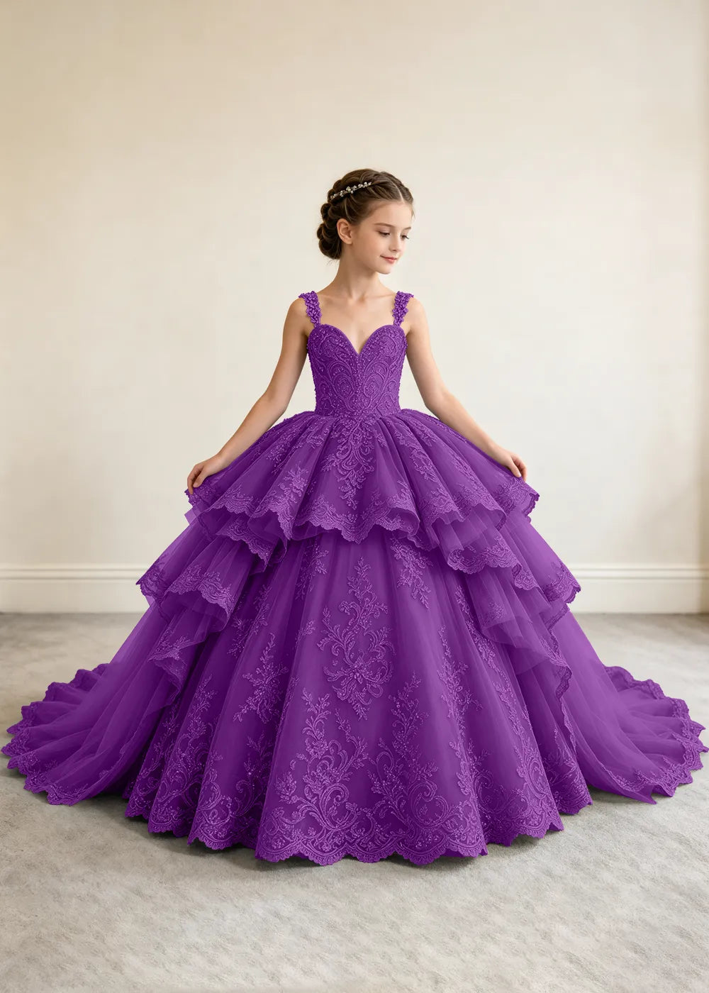 V-Neck Tiered Lace Flower Girl Ball Gown Dress