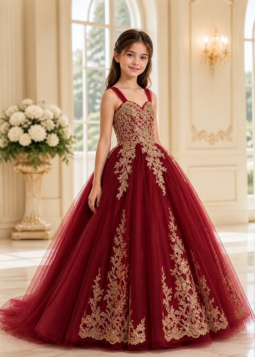 Metallic Appliqué Flower Girl Ball Gown Dress
