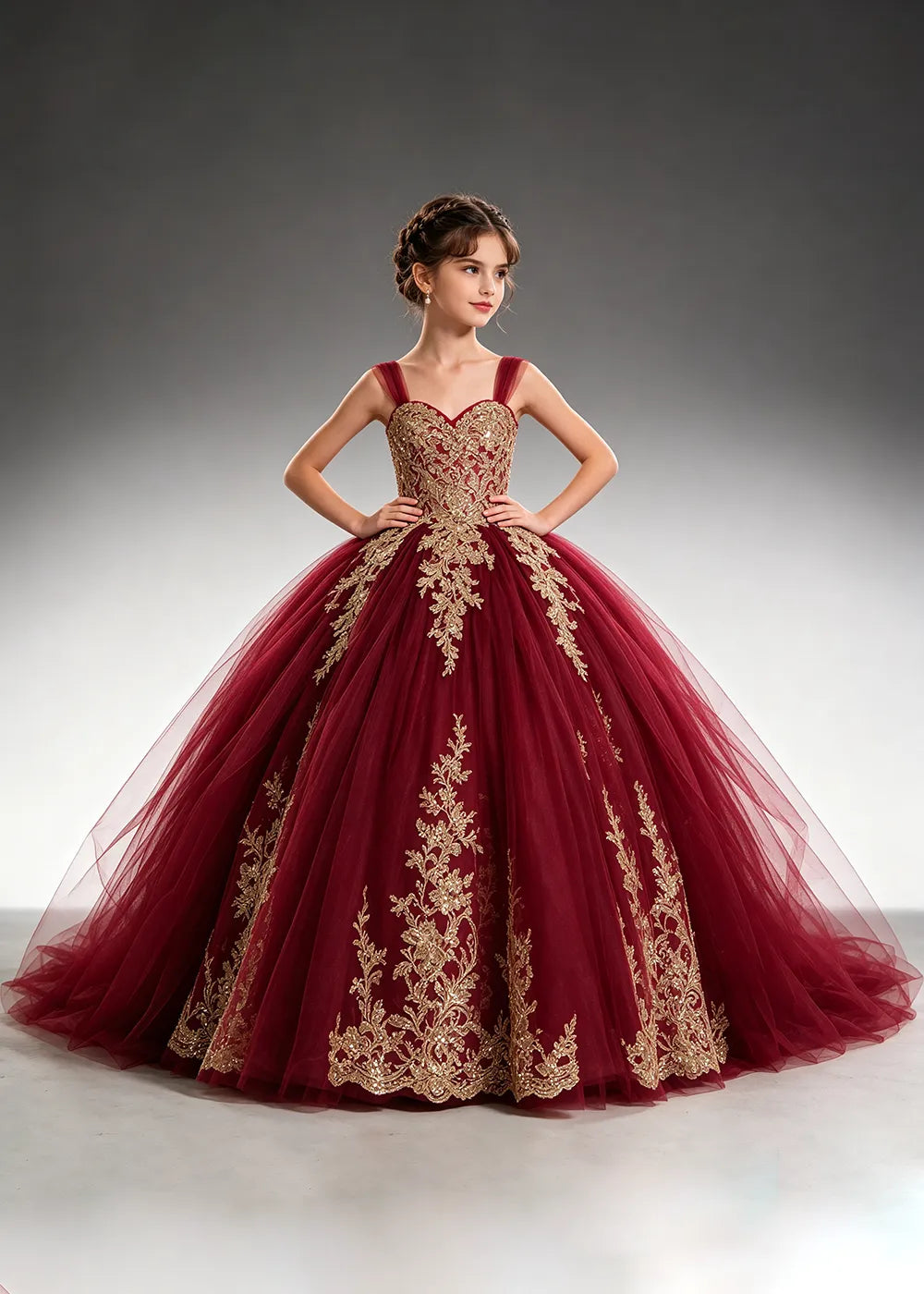 Metallic Appliqué Flower Girl Ball Gown Dress