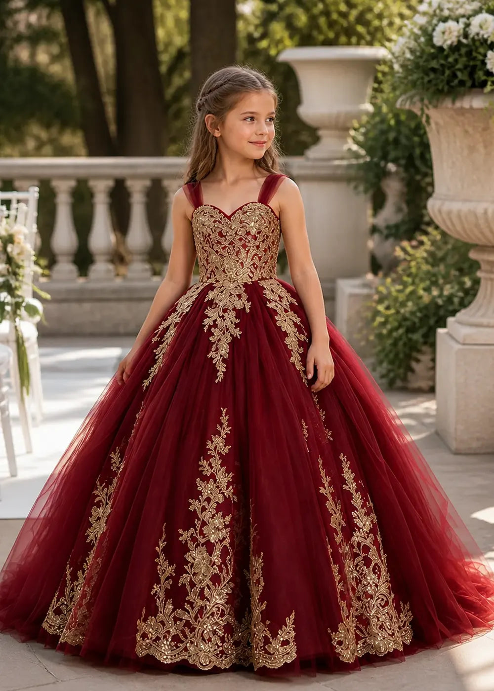 Metallic Appliqué Flower Girl Ball Gown Dress