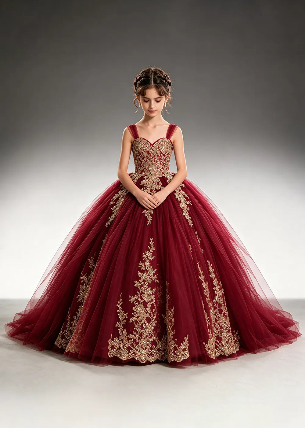 Metallic Appliqué Flower Girl Ball Gown Dress