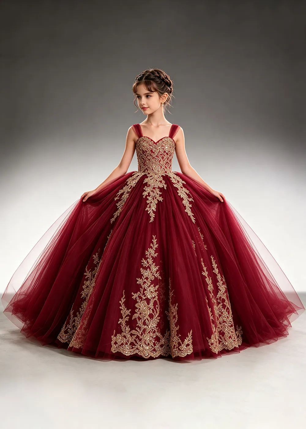 Metallic Appliqué Flower Girl Ball Gown Dress