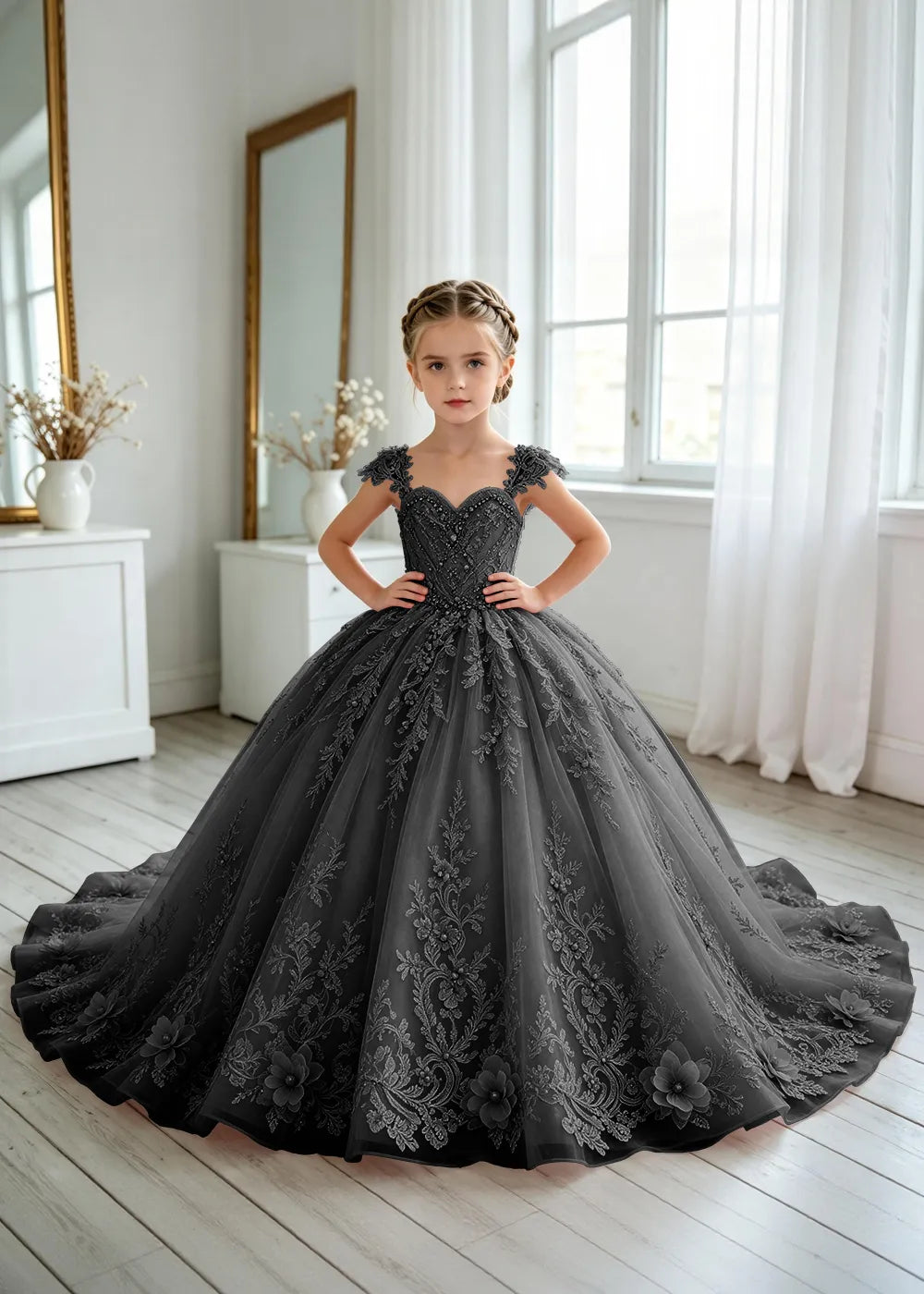 Floral V-Neck Lace Princess Dress for Girls