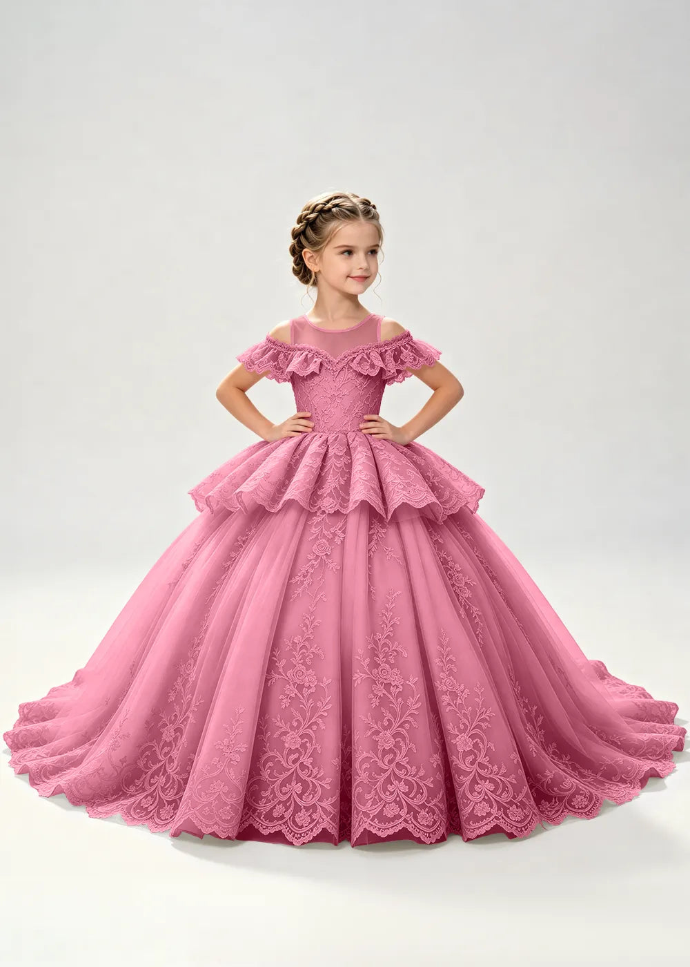 Illusion Neck Tiered Lace Flower Girl Ball Gown Dress