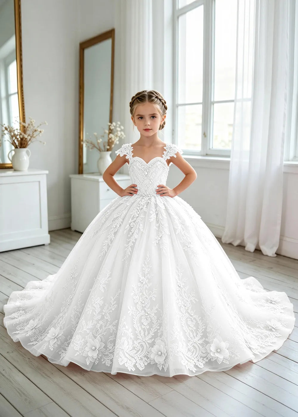 Floral V-Neck Lace Princess Dress for Girls