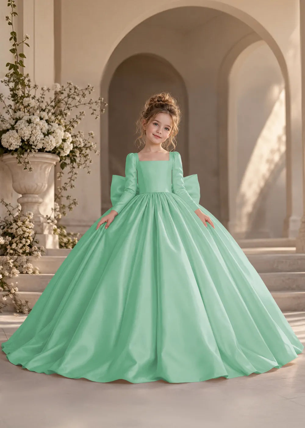 Dusty Blue Long-Sleeve Flower Girl Dress with a Full Skirt and Bow