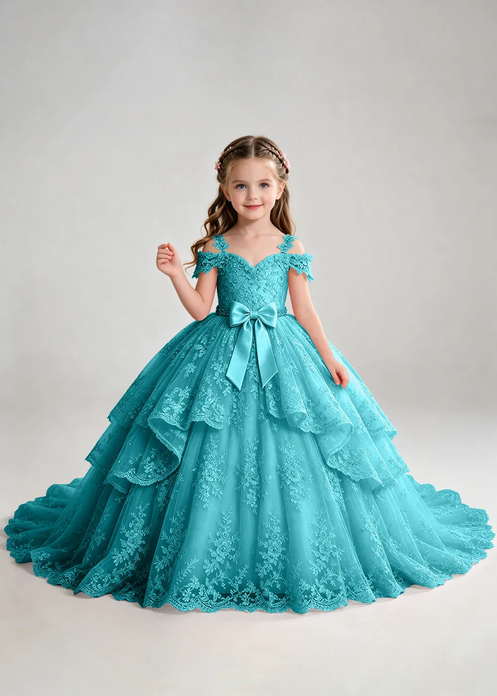 Bow Waist Floral Lace Flower Girl Ball Gown Dress