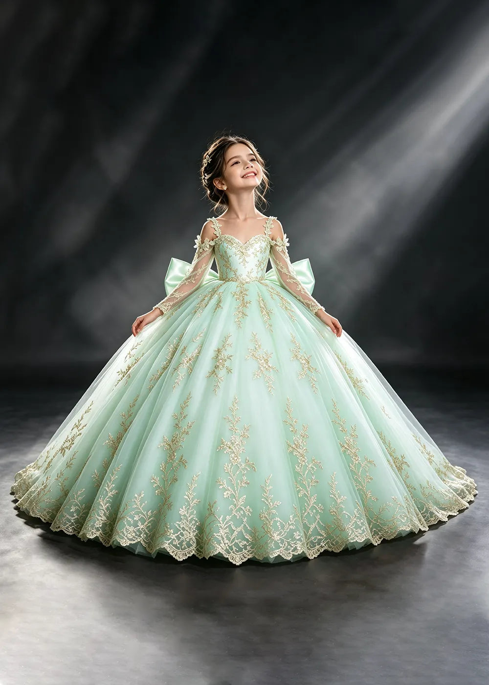 Ivory Gold Lace Flower Girl Dress with Floral Straps and Satin Bow