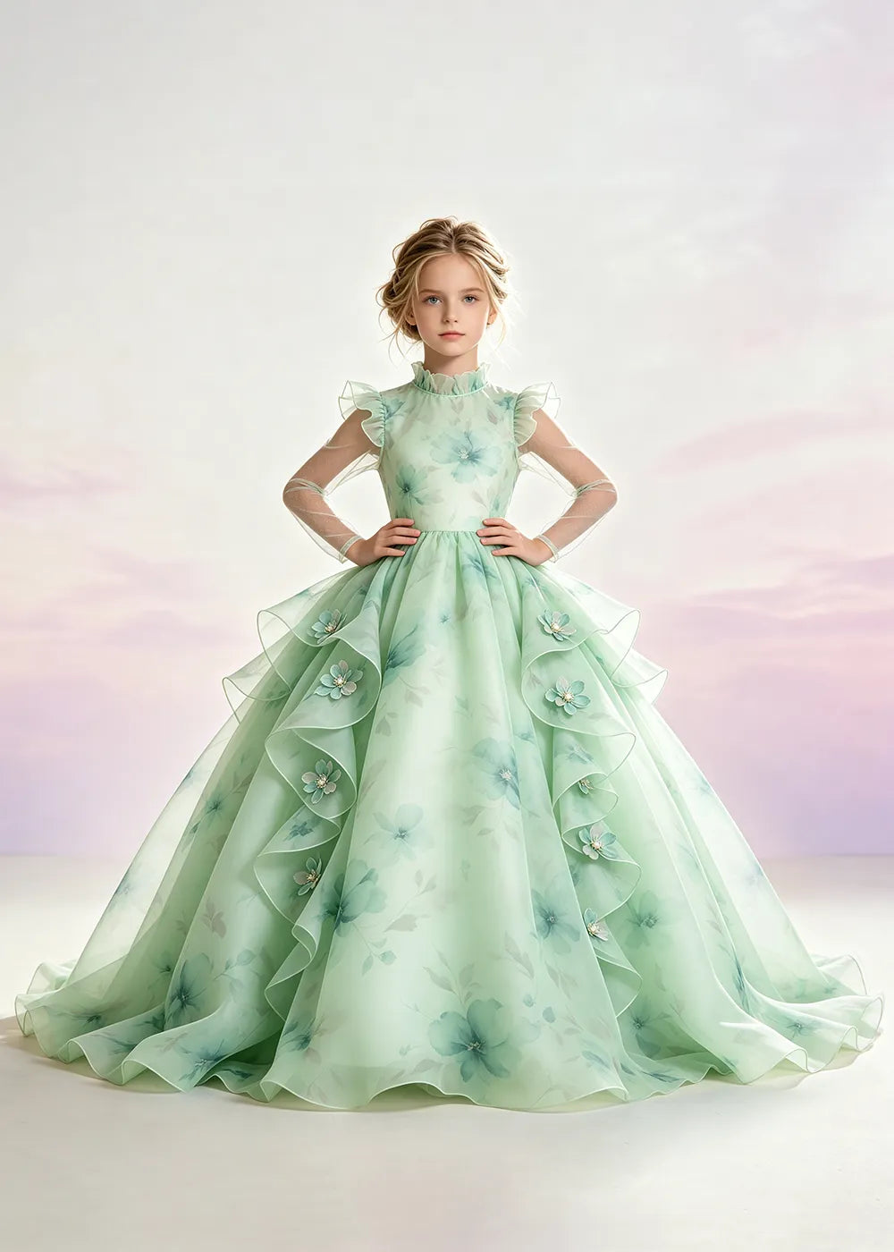 Blush Pink Floral Ruffle-Collar Flower Girl Dress