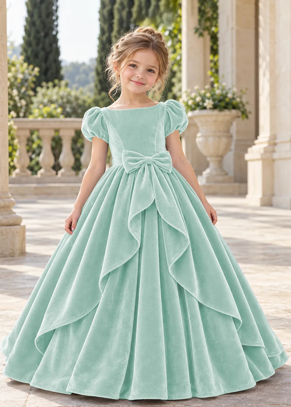 Front view of a child wearing a mint green flower girl dress with a square neckline, short puff sleeves and a large velvet bow above a full tiered skirt.