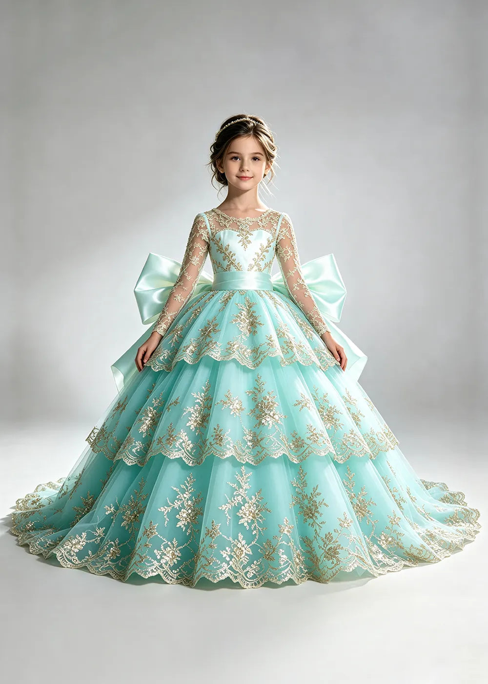 Long Sleeve Lace Flower Girl Dress with Sash Bow and Tiered Skirt