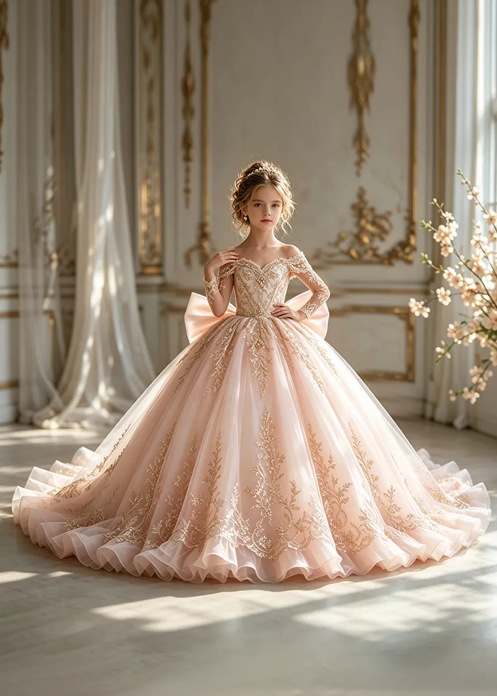 Off-Shoulder Sequin Lace Flower Girl Dress with Bow and Flounced Hem