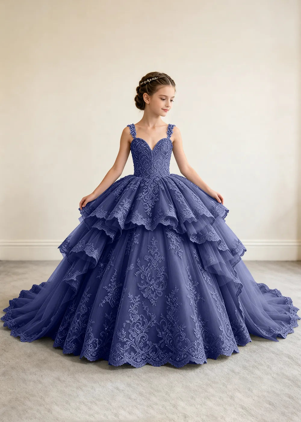 V-Neck Tiered Lace Flower Girl Ball Gown Dress