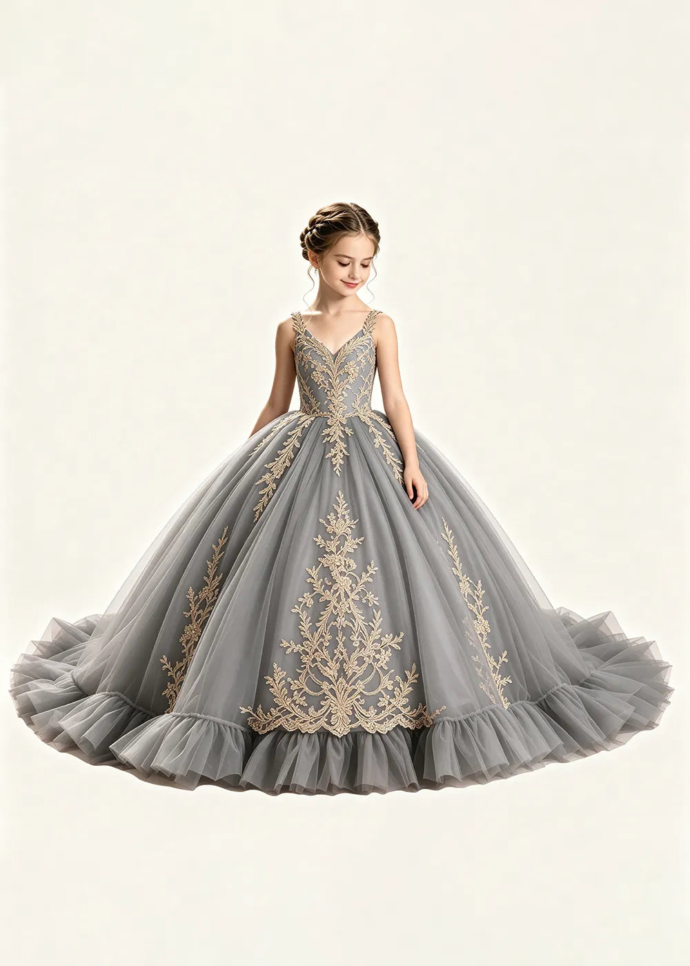 Gold Appliqué V-Neck Princess Dress for Girls