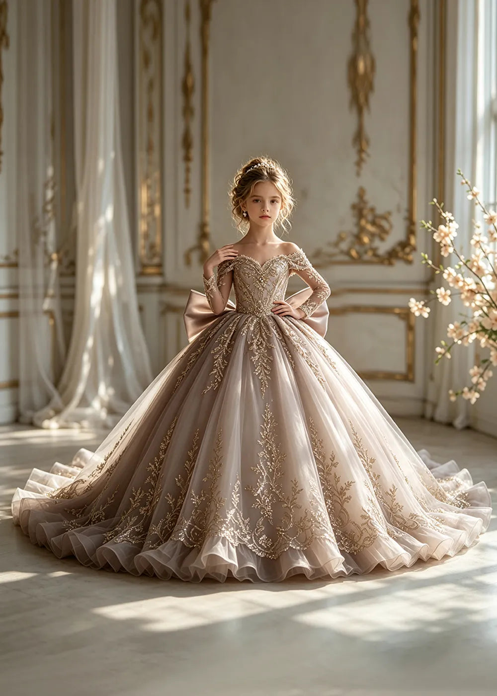 Off-Shoulder Sequin Lace Flower Girl Dress with Bow and Flounced Hem