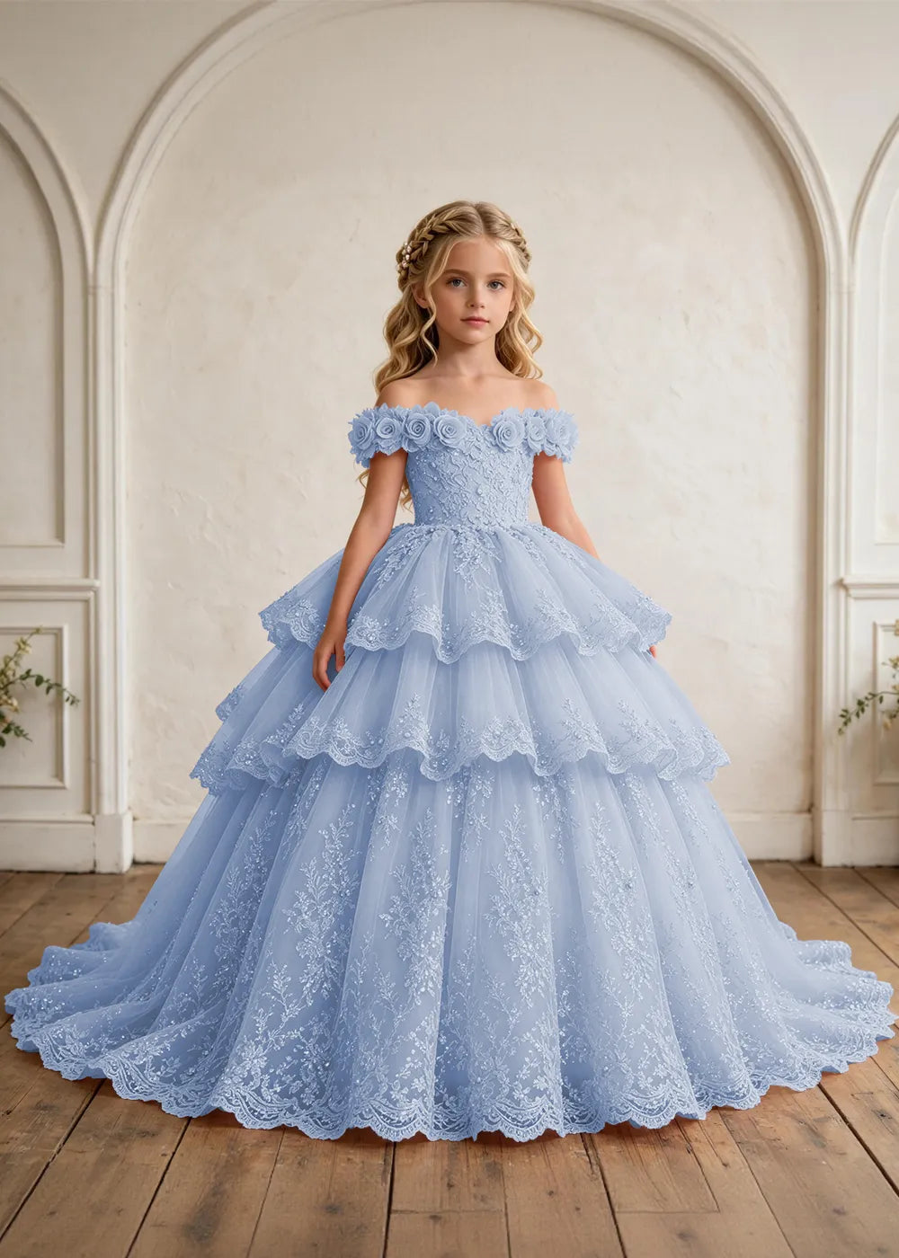 Off Shoulder Tiered Lace Flower Girl Ball Gown Dress