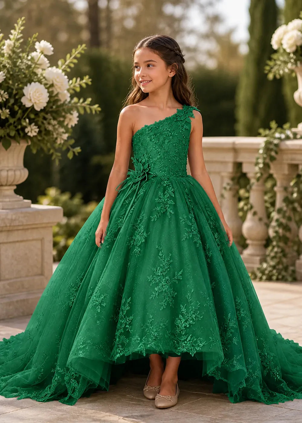 One-Shoulder High-Low Lace Princess Dress for Girls