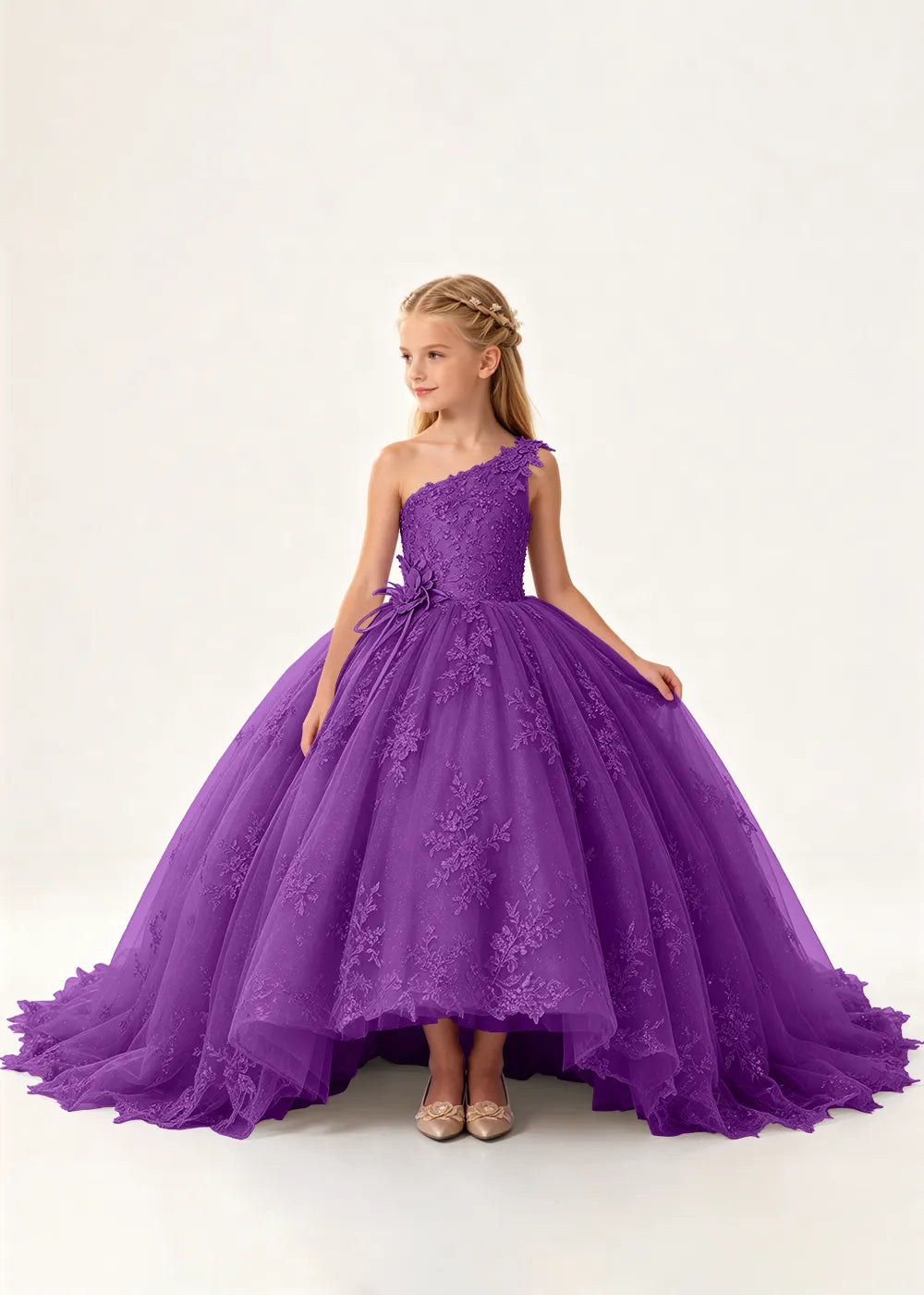 One-Shoulder High-Low Lace Flower Girl Ball Gown Dress