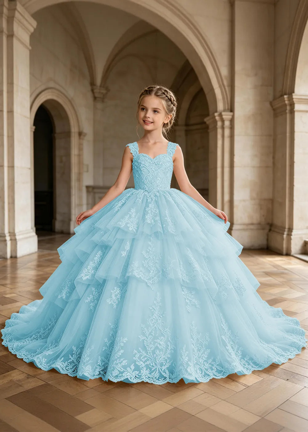 Tiered Lace Sleeveless Princess Dress for Girls
