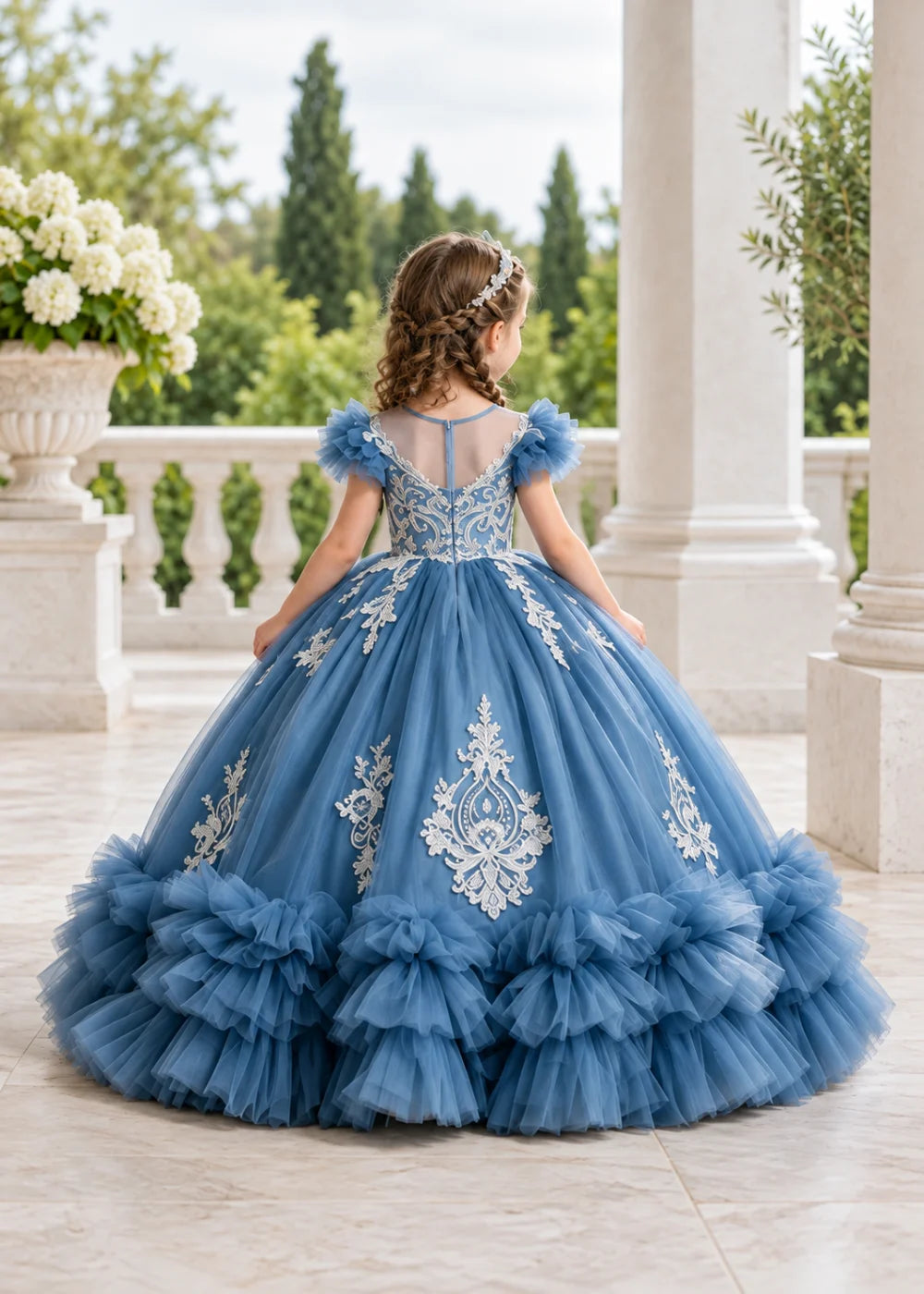 Muted Dusty Blue Flower Girl Ball Gown with White Floral Detail