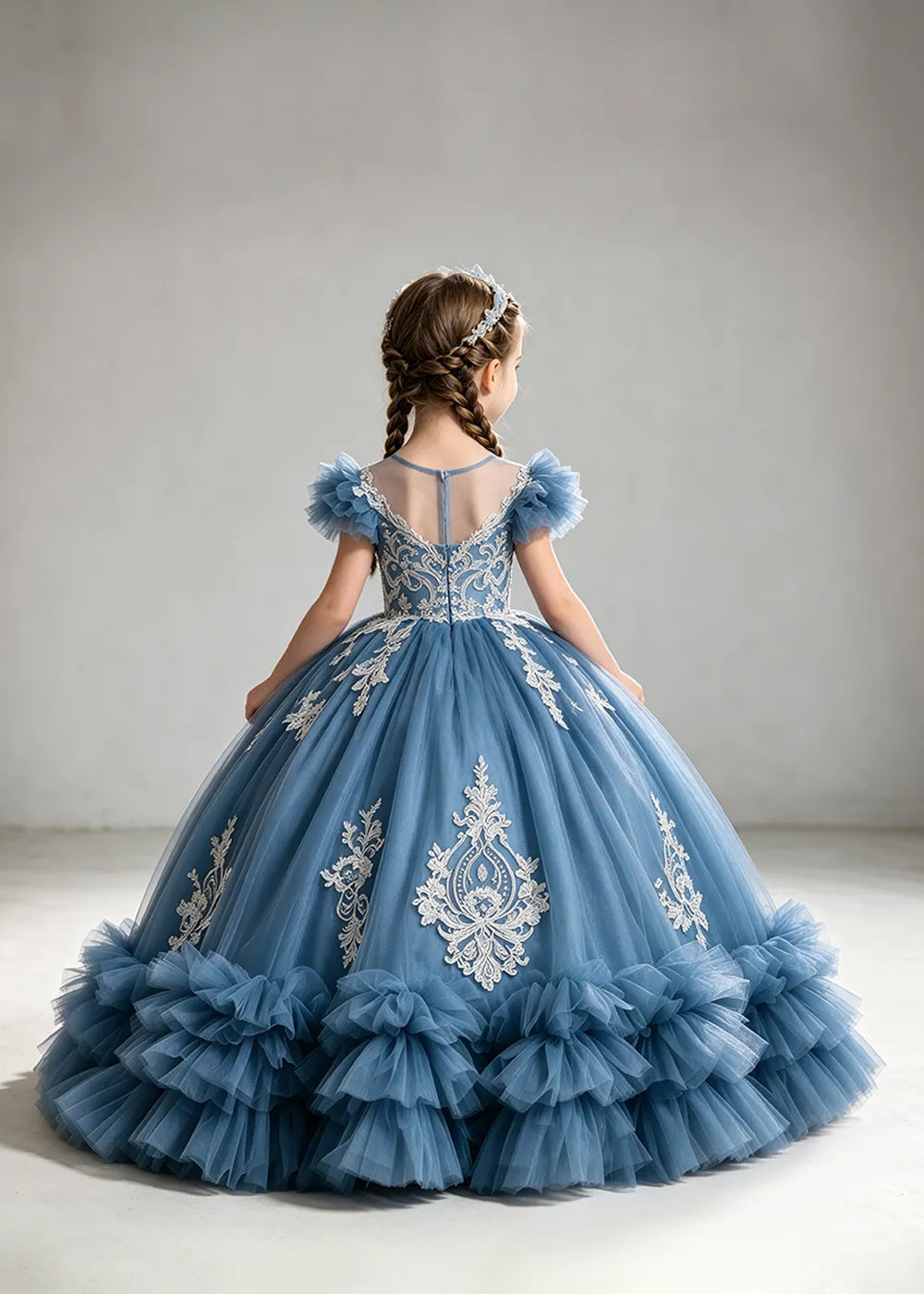 Muted Dusty Blue Flower Girl Ball Gown with White Floral Detail