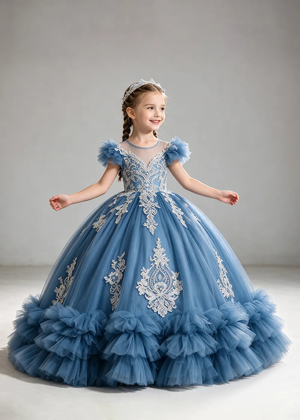 Muted Dusty Blue Flower Girl Ball Gown with White Floral Detail