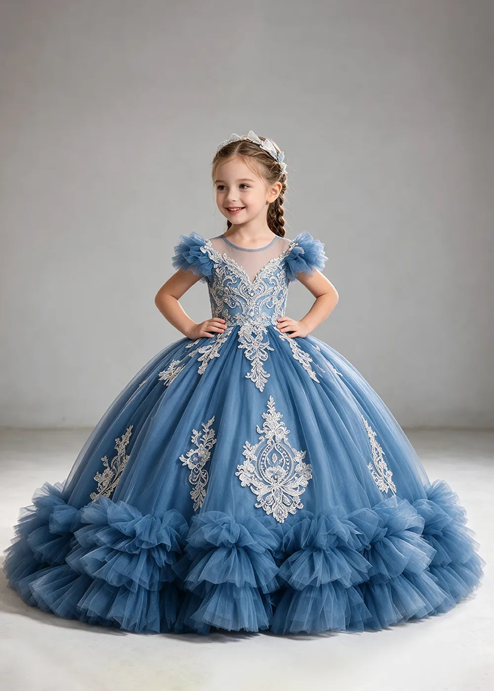 Muted Dusty Blue Flower Girl Ball Gown with White Floral Detail