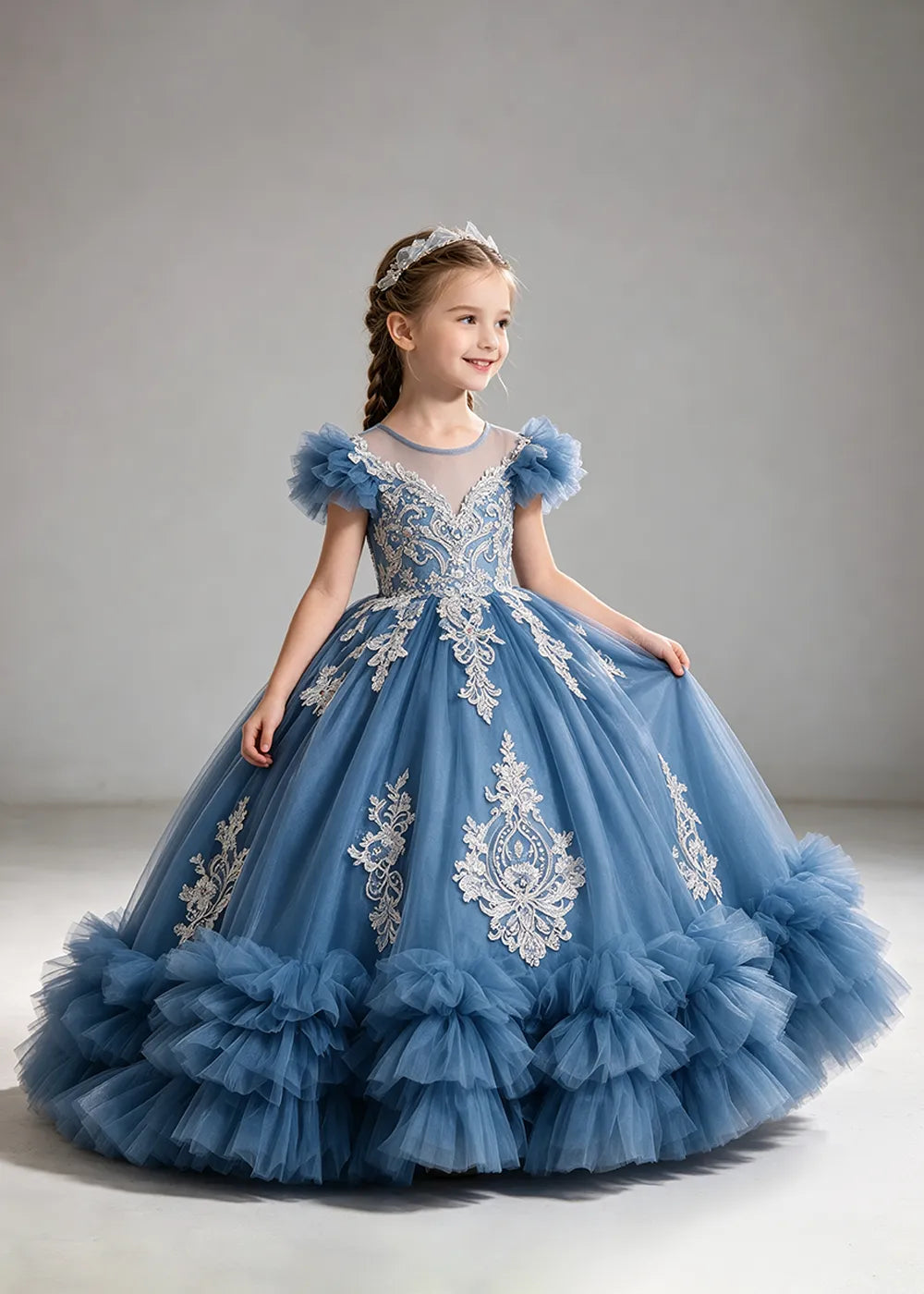 Muted Dusty Blue Flower Girl Ball Gown with White Floral Detail