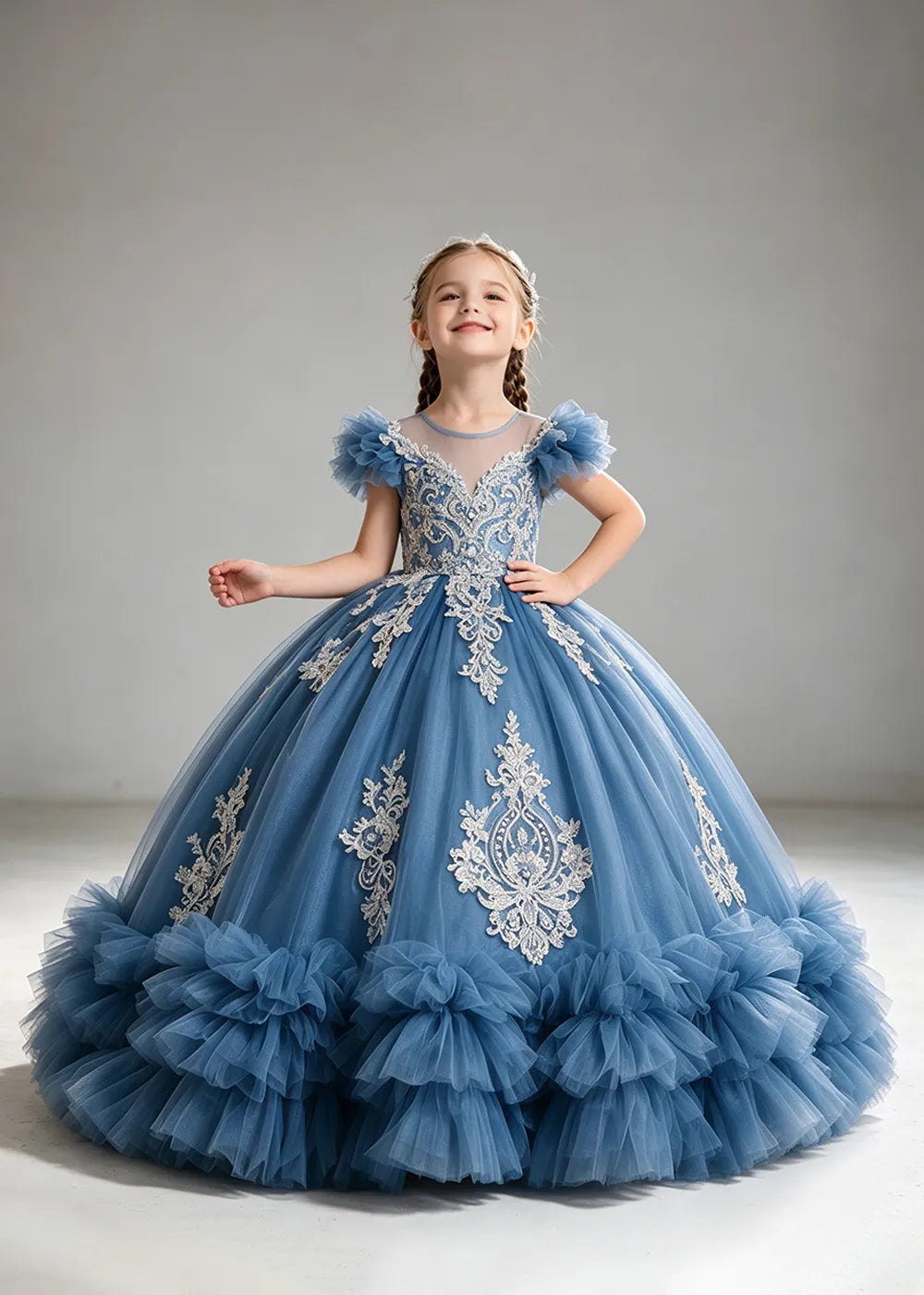 Muted Dusty Blue Flower Girl Ball Gown with White Floral Detail