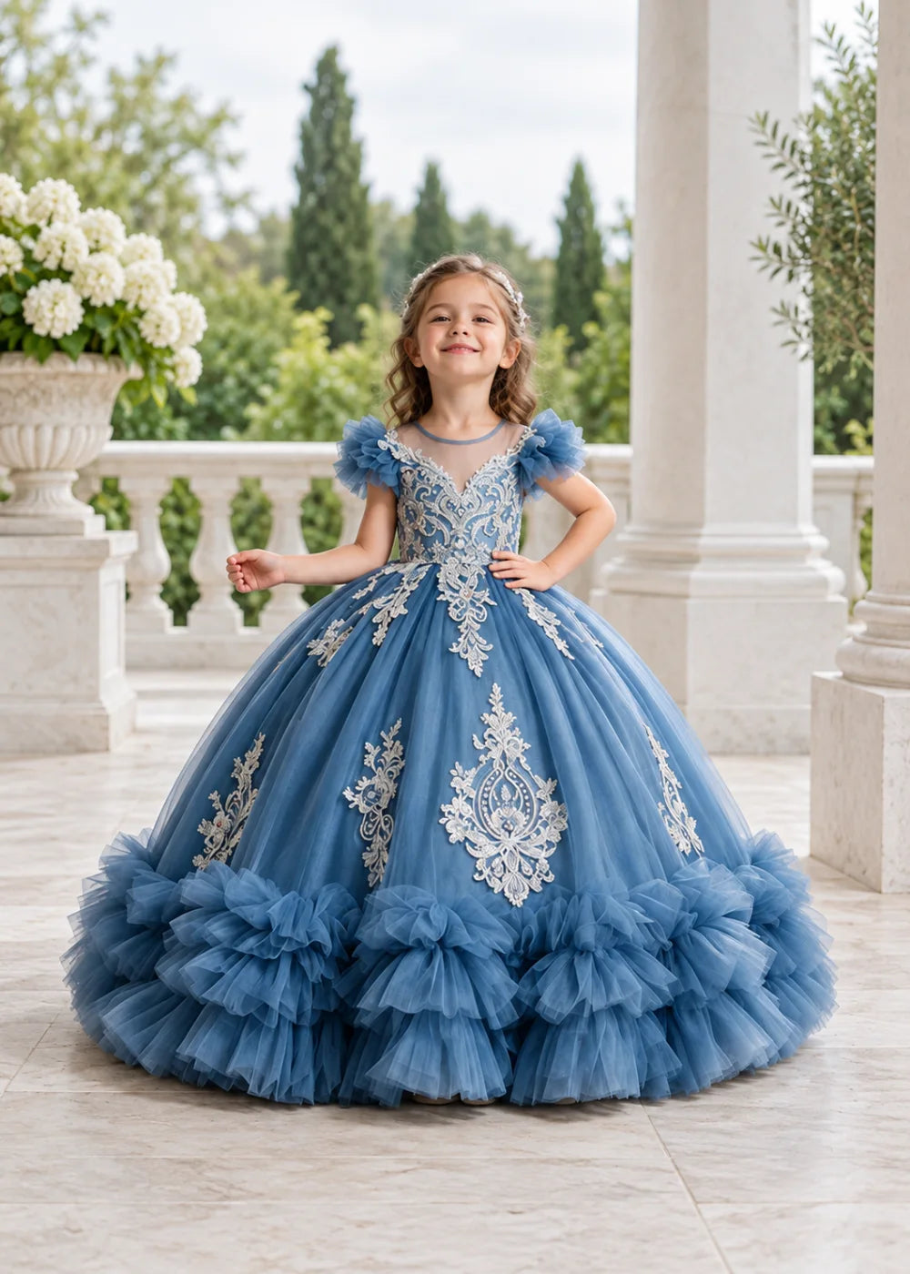 Muted Dusty Blue Flower Girl Ball Gown with White Floral Detail